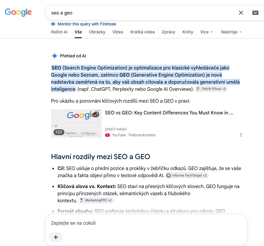 Rozbalený Přehled od AI v českém Googlu na dotaz „seo a geo“ s polem Zeptejte se na cokoli